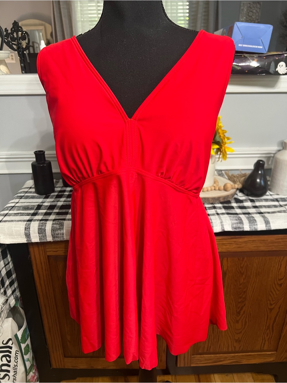 Women’s Red V-Neck Sleeveless Tankini by Aqua Eve- Plus Size